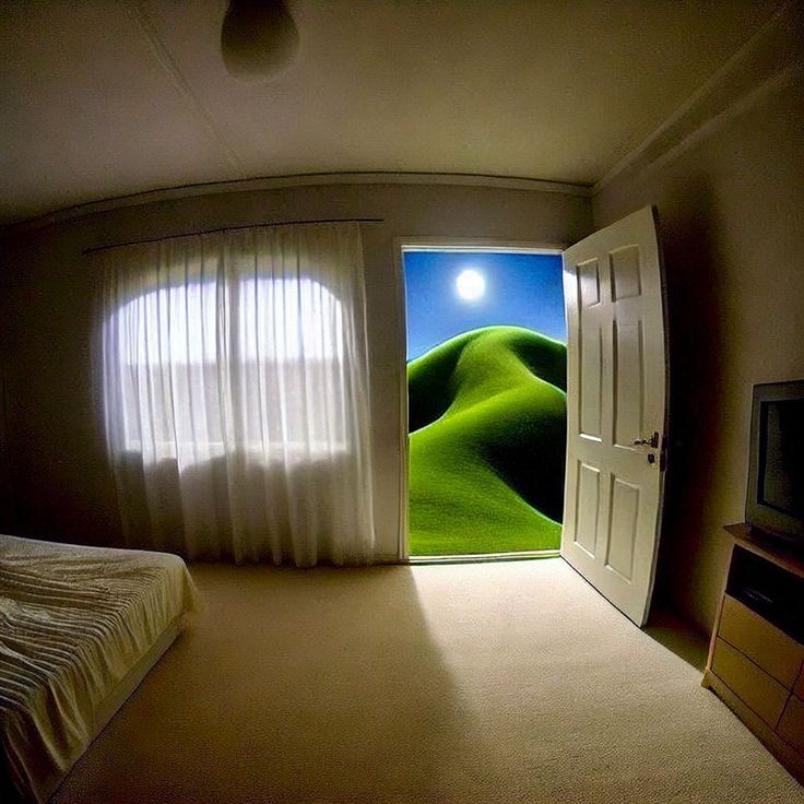 a surreal image of a bedroom with a bed, window, and curtains. an open door leads to a green, rolling landscape under a bright, sunny sky. a television and dresser are visible against a wall. the image has a dreamlike quality due to the juxtaposition of the interior and exterior spaces.