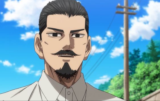 this image is a closeup depiction of an adult male anime character set against a backdrop of a partly cloudy sky. he has short, dark hair, styled neatly, and sports a prominent mustache and goatee. he's wearing a white collared shirt, left unbuttoned at the top. his expression is serious and intense. in the background, a wooden telephone pole stands to the right, and the tops of verdant trees are visible behind him.