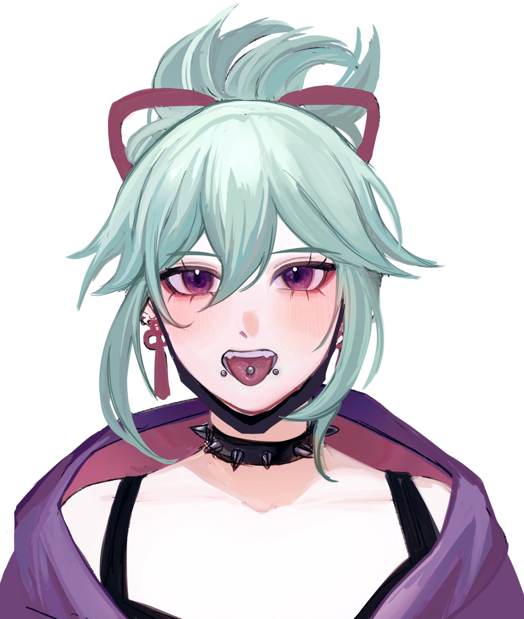 a closeup of an anime girl with green hair and purple eyes. she has a tongue piercing and a lip piercing. she is wearing a black top and a purple jacket. the background is white.