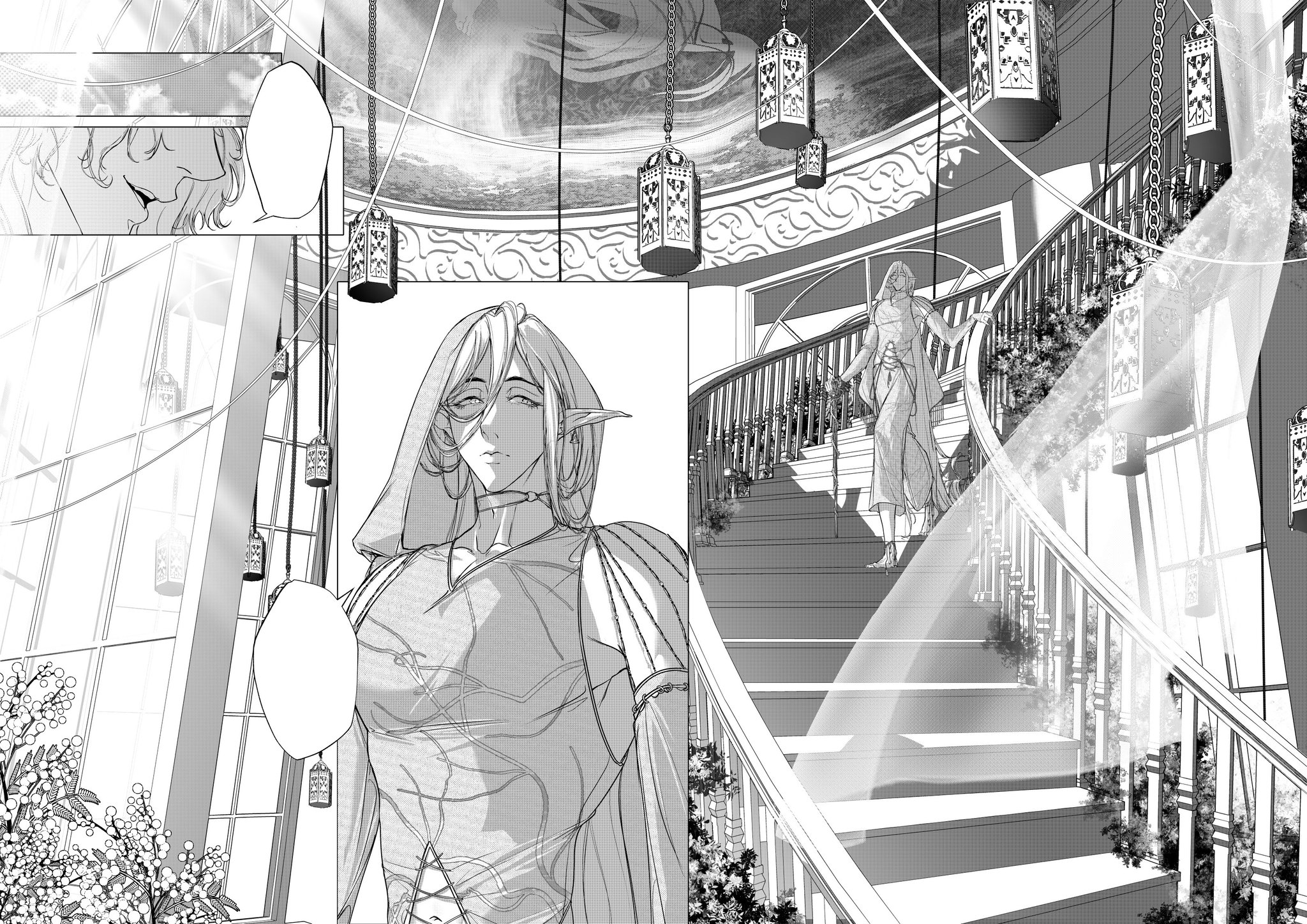 this image is a black and white manga illustration featuring two women standing on a grand staircase. the woman on the left is an elf with long, flowing hair, wearing a flowing gown. she is facing the viewer, with her head slightly tilted down and a thoughtful expression. the woman on the right is dressed in a long, flowing dress and is walking up the stairs. the stairs are elaborately decorated with intricate railings and a flowing veil draped over them. the background features a large window with a view of a lush garden and a doorway leading into another room. there are delicate light fixtures hanging from the ceiling, casting soft shadows on the scene. the image evokes a sense of mystery and elegance, reminiscent of a fairy tale or fantasy story.