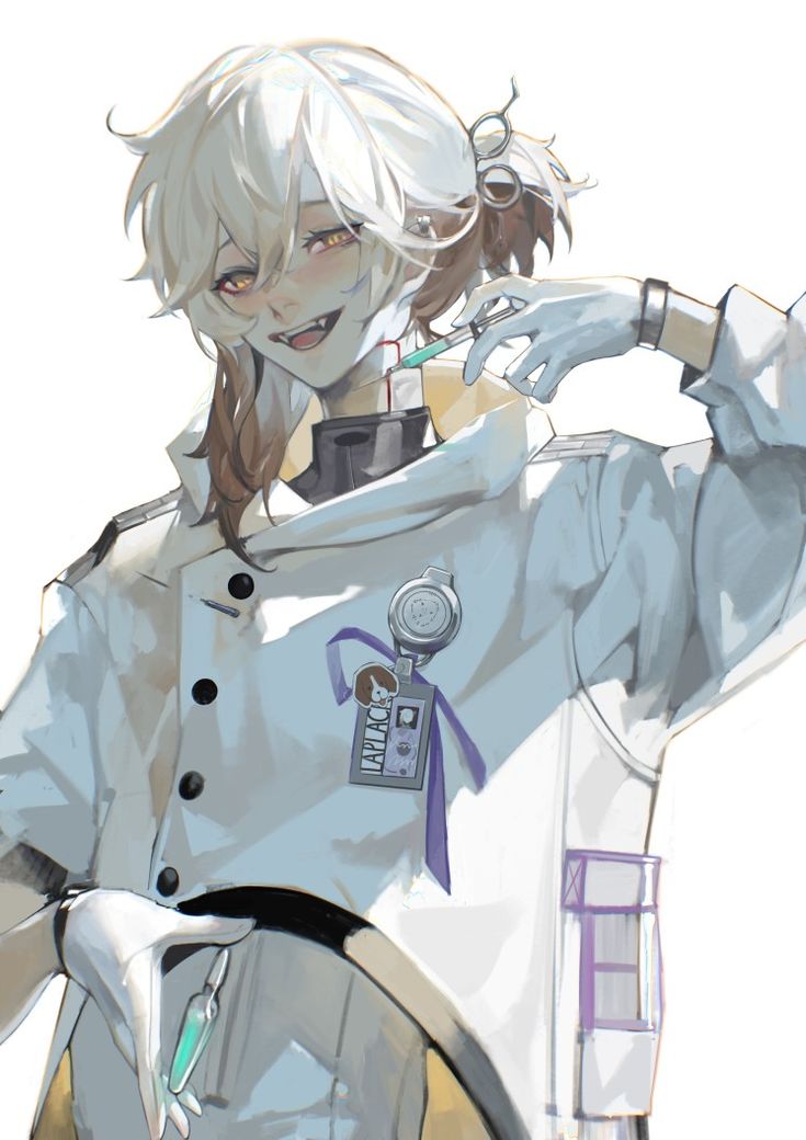 the image is a digital fanart depicting an animestyle female character. she has long, white hair with brown undertones, and is wearing a white lab coat with several visible details such as buttons and a purple accented pocket. she also has on white gloves and an id badge hanging from a purple ribbon. the girl is holding a syringe, poised near her neck,  and has a playful yet slightly sinister smirk on her face. the overall style is soft, and the colors are muted with a focus on whites, grays and purples. the background is plain white, making the character the focal point of the image. the art style suggests a blend of manga and a more painterly approach.