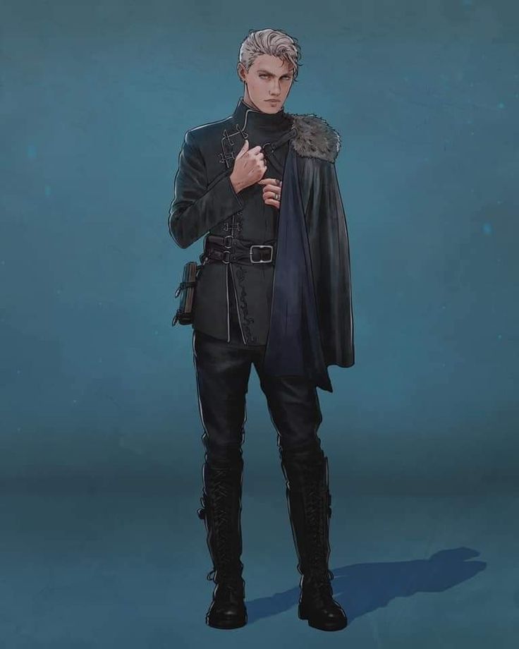 the image is a digital painting or illustration of a young, fairskinned man with short, light blonde hair. he is depicted in a stylized, fantasy setting, wearing a dark, elegant outfit.  his attire includes a long, dark coat with a fur collar, a dark cloak, a belt with a buckle, black high laced boots, and what appears to be a small book or satchel at his side. his expression is serious and he seems to be holding his coat slightly together near his chest. the background is a solid, muted blue. the overall style suggests a character design possibly for a video game or fantasy novel.  the level of detail and the artistic style are high quality.