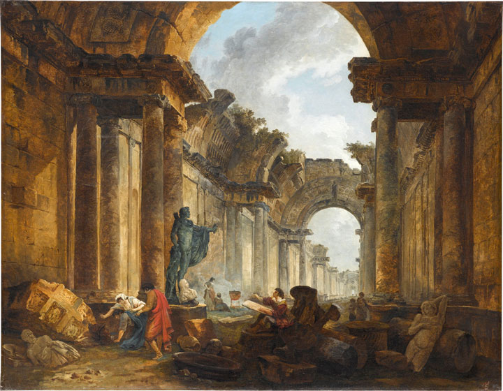 the image shows a painting of the ruins of a grand classical structure, possibly a temple or bathhouse. the architecture is characterized by tall columns, archways, and decaying stone. scattered throughout the scene are figures, some of whom are working amidst the rubble, while others are lounging and observing. a statue stands prominently near the front of the scene. the sky is visible through the open roof of the structure, and the scene is bathed in a warm, golden light with deep shadows that emphasize the depth and scale of the ruins. the painting captures a sense of grandeur and decay, evoking a feeling of nostalgia for a bygone era.