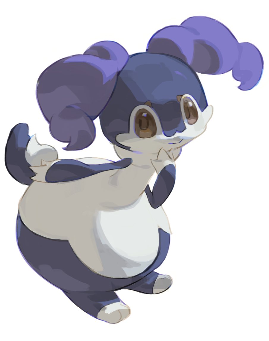 a cartoon animal with purple and blue fur, and big round eyes smiles at the camera. it's happy and playful.