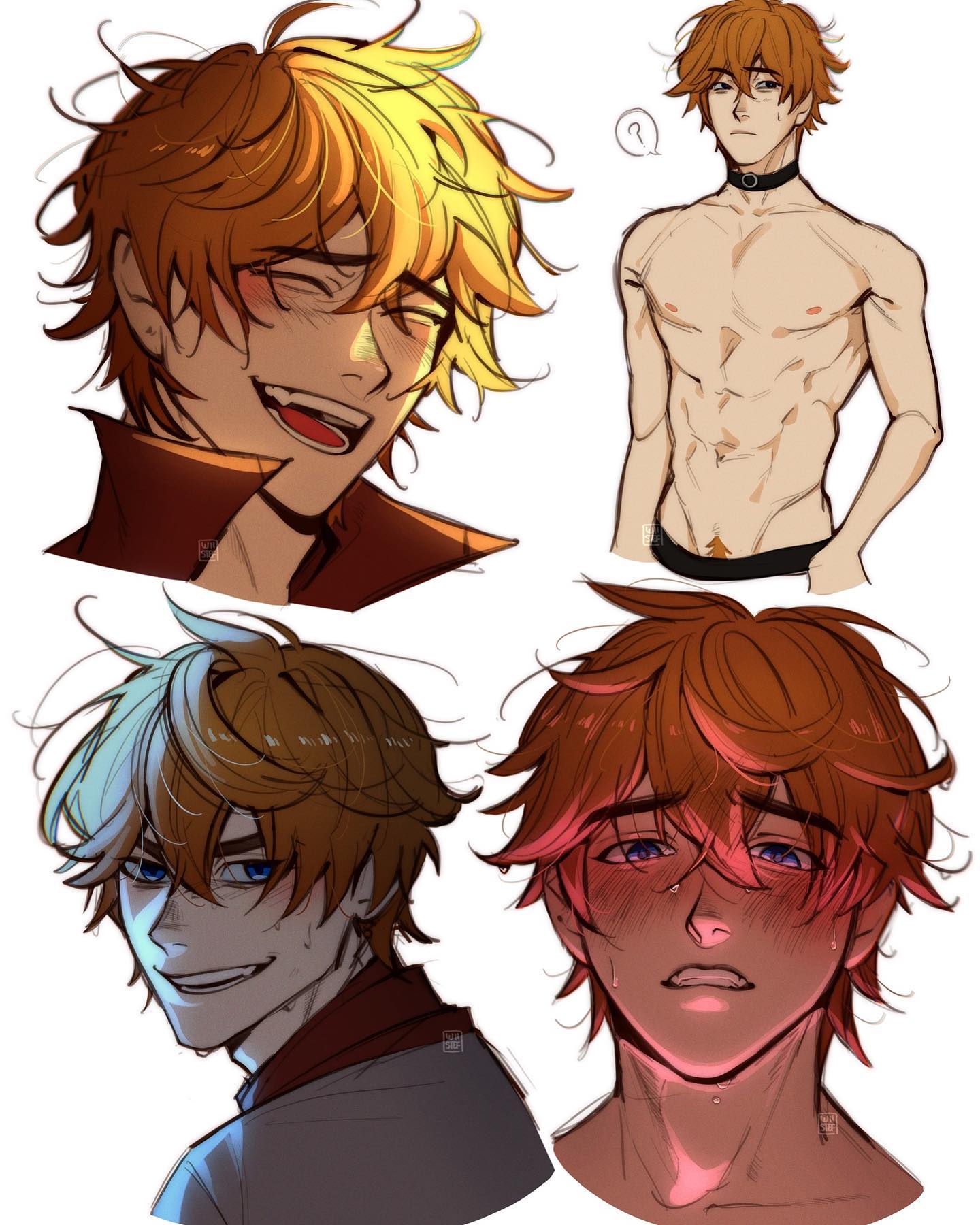 he image contains four different illustrations of the same animestyle male character with varying hairstyles and expressions. the first is a closeup headshot with bright orangeblonde hair and a happy expression. the second is a shirtless full body shot depicting the same character, this time with slightly shorter, reddishorange hair, in a more neutral or pensive pose. the third depicts the character again in a closeup, this time with slightly longer, reddishorange hair and a more mischievous or sly expression. the final illustration presents another closeup headshot with slightly more disheveled, reddishorange hair and a blushing, somewhat upset expression.  all illustrations are done in a painterly digital style.