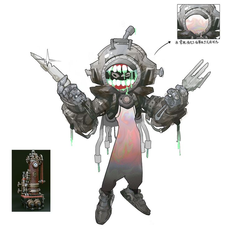 this is a digital illustration of a robot character. the robot is wearing a metal helmet, a dark outfit and black shoes. it has metallic arms and hands holding a knife and a fork. the robot is surrounded by pipes and other mechanical details. there is also a small image of a robotic device in the left corner, and a detail of the robot's head in the upper right corner. the artwork is very detailed and intricate.