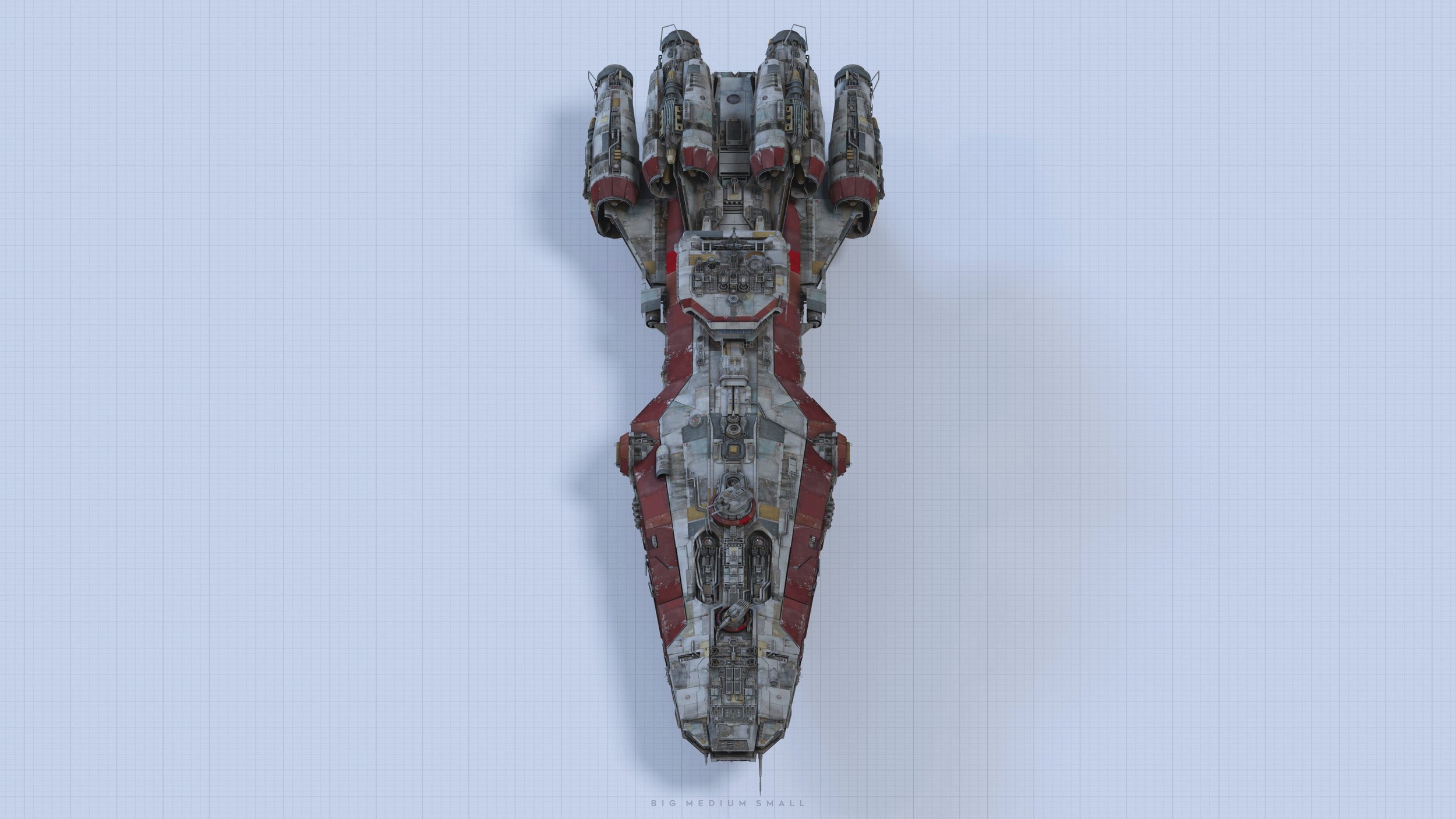a detailed topdown view of a large, futuristic spaceship. the ship is primarily red and white with grey accents, showing signs of wear and age. it has multiple engines at the rear and a complex structure visible throughout. the ship is set against a light blue grid background, giving the impression of a blueprint or technical drawing.