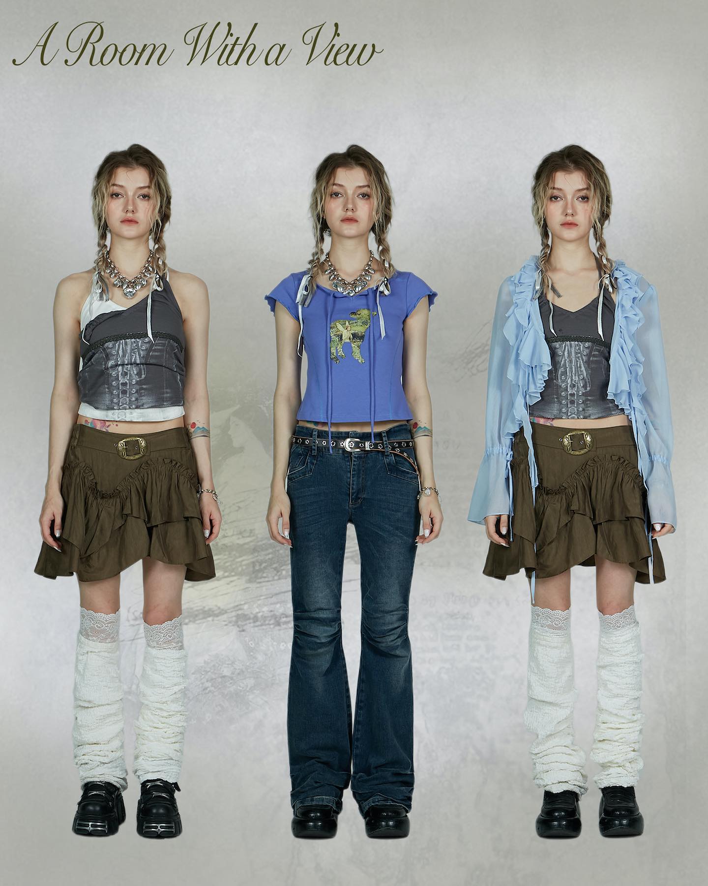 the image showcases three female models in varying outfits against a neutral gray backdrop. the title "a room with a view" is displayed at the top. each model sports a different look. the model on the left wears a brown ruffled mini skirt, a gray corsetstyle halter top, and white leg warmers with chunky black boots. the center model is styled in a light blue graphic tshirt with a graphic of a dog, dark wash bellbottom jeans and similar boots.  the right model is dressed with an olive green ruffled mini skirt, a light blue sheer overlay, and a corset top underneath, topped with similar white leg warmers and boots. the three models appear to represent a single collection with varied styling, showcasing different layering options and styles. all three models are accessorized with necklaces and have their hair styled in pigtails.