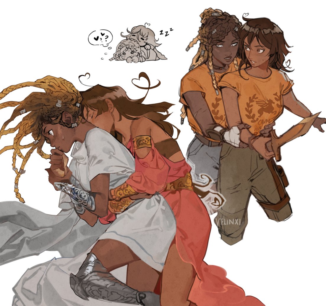 the image is a digital illustration featuring two couples. in the foreground, one woman with long, braided hair and clad in white drapery is being embraced and kissed on the neck by another woman wearing a coralcolored dress. both wear gold jewelry. in the background, there's a second couple, both wearing orange tshirts, embracing and holding a sword together. above them, there are two small, cartoonish figures cuddling and sleeping. the style is cartoonish and stylized.