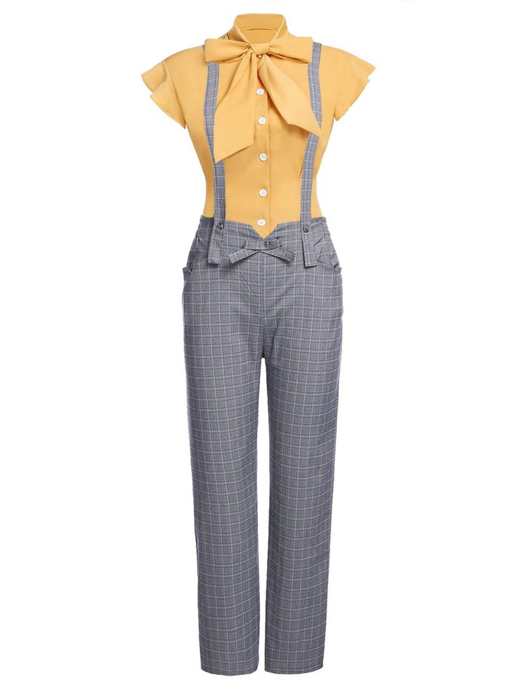 a women's fashion jumpsuit featuring a yellow top with a bow tie, plaid pants, and suspenders.