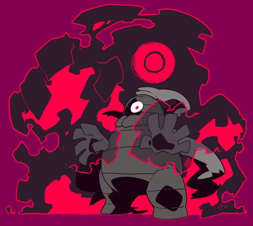 the image is a digital illustration of a stylized monster or creature. the creature is predominantly grey with segmented body, resembling a golem or robotic insect. it has a single large, white eye and dark grey arms ending in clawed hands. it stands in the center, slightly angled, with one hand raised. the background features a swirling, abstract design in shades of black and deep red, giving a sense of shadowy energy.  the overall style is sharp and bold, with flat colors and strong outlines, and the mood is dark and ominous. the creature appears powerful and menacing. the background has red glowing effects that seem to emanate from behind the figure.