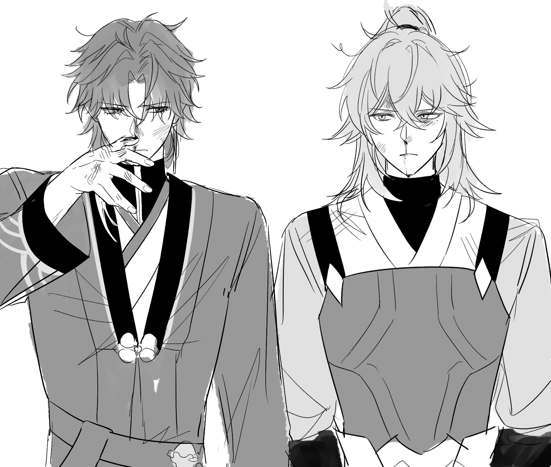 the image shows two male characters drawn in a manga style. they are both dressed in traditional japanese clothing and appear to be in a serious mood, with determined expressions on their faces. the character on the left is wearing a long coat over a black vest. the character on the right is wearing a similar long coat with a high neck. they are both drawn in black and white, suggesting they may be from a manga or anime.