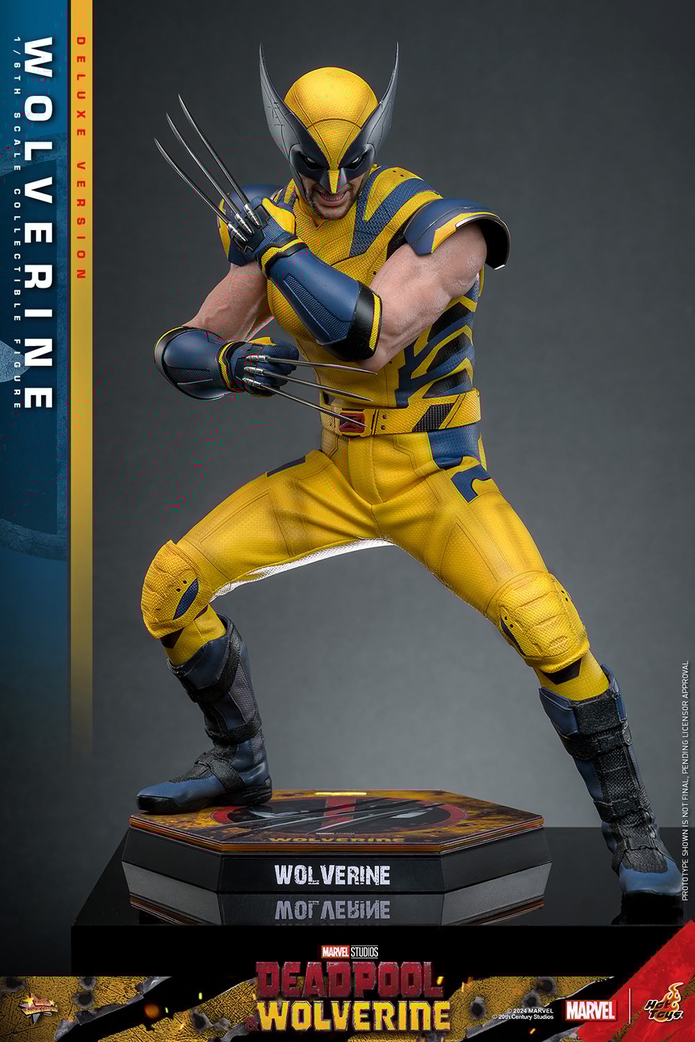 the image showcases a highly detailed collectible action figure of wolverine, the iconic marvel superhero.  he's posed in a dynamic stance, claws extended, wearing his classic yellow and blue costume. the figure stands on a specially designed base with his name "wolverine" displayed prominently. the background features promotional material for the "deadpool & wolverine" comic series.