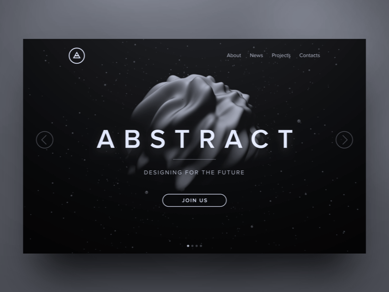 a website design mockup with a 3d abstract object in the center of the screen. the website has a dark background with white text and a white "join us" button. the design is minimal and modern, and the website is styled to be clean and professional. the website navigation is located at the top of the screen and has links to the "about" page, the "news" page, the "projects" page, and the "contacts" page.