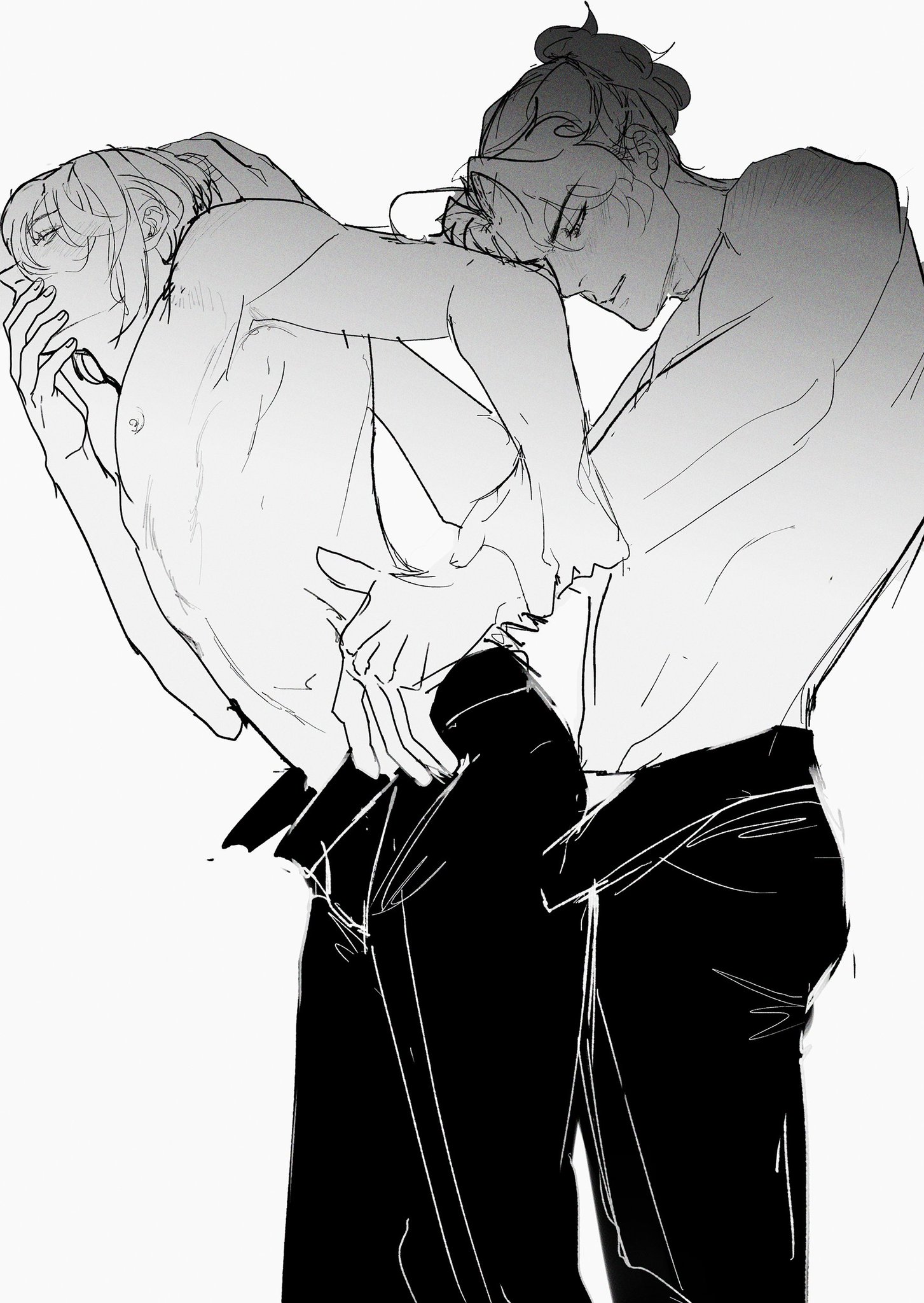 a black and white sketch of two anime boys in an embrace. they are both shirtless, with one wearing pants. they are looking at each other with loving expressions.  the drawing is done in a sketchy style, with loose lines and shading.