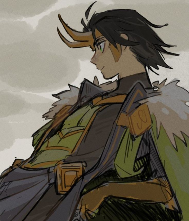 the image is a digital painting or sketch in an animeinfluenced style depicting a young lokilike character. he's portrayed in profile view, looking off to the distance with a slightly pensive expression. he has dark hair and distinctive horns, and is wearing a complex outfit featuring a green tunic or armor beneath a dark cloak with a lightcolored fur collar.  the style is loose and sketchy, with visible brushstrokes contributing to the artwork's dynamic feel.  the background is a muted graytoned sky. the overall mood is atmospheric and somewhat melancholic.