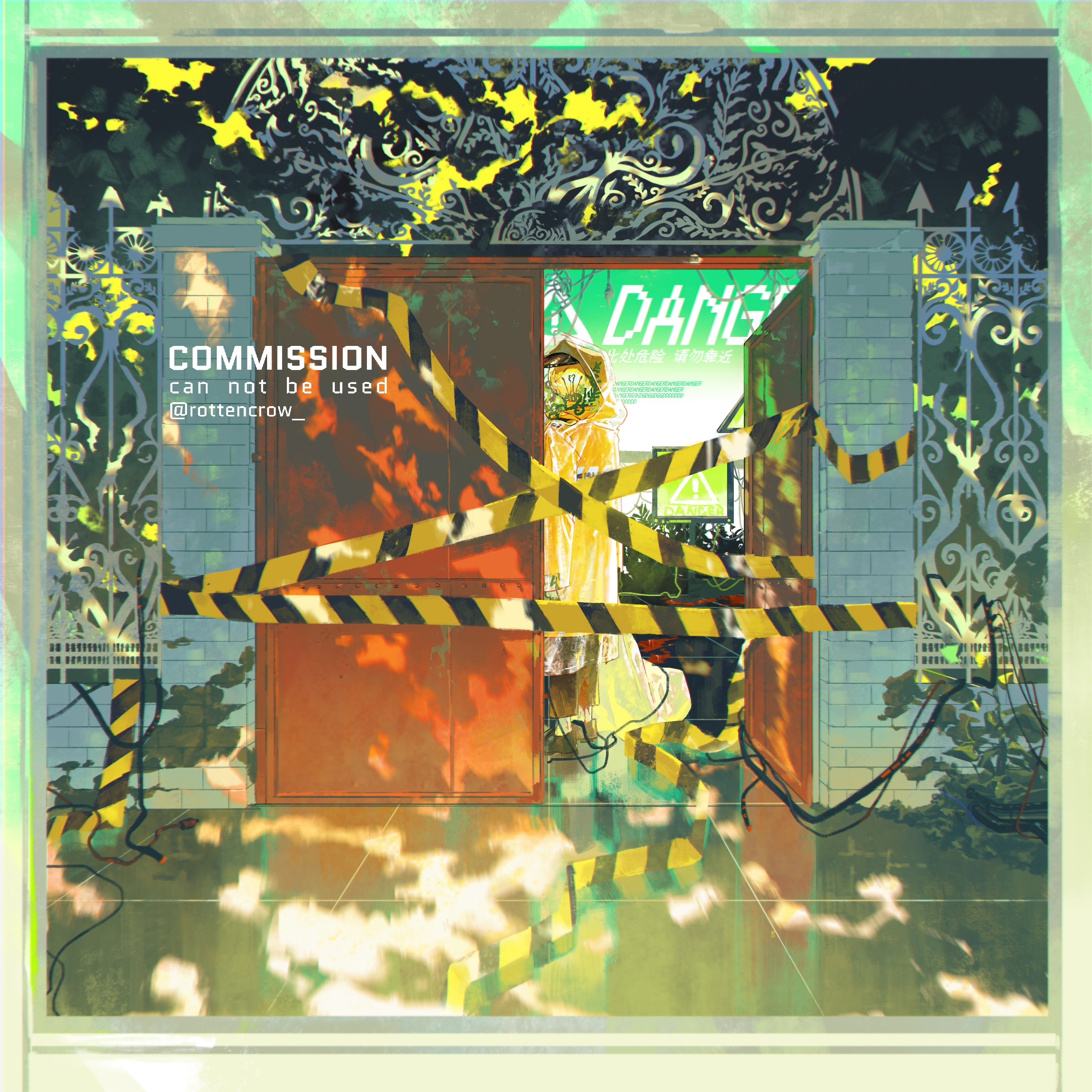 an illustrated urban scene of a gate with a wooden door. the door and gate are blocked with bright yellow caution tape.  a danger sign in bright green and yellow is visible on the door. there are also yellow leaves and green plants behind and in front of the gate. the scene is set in a city, with a street view in the background.