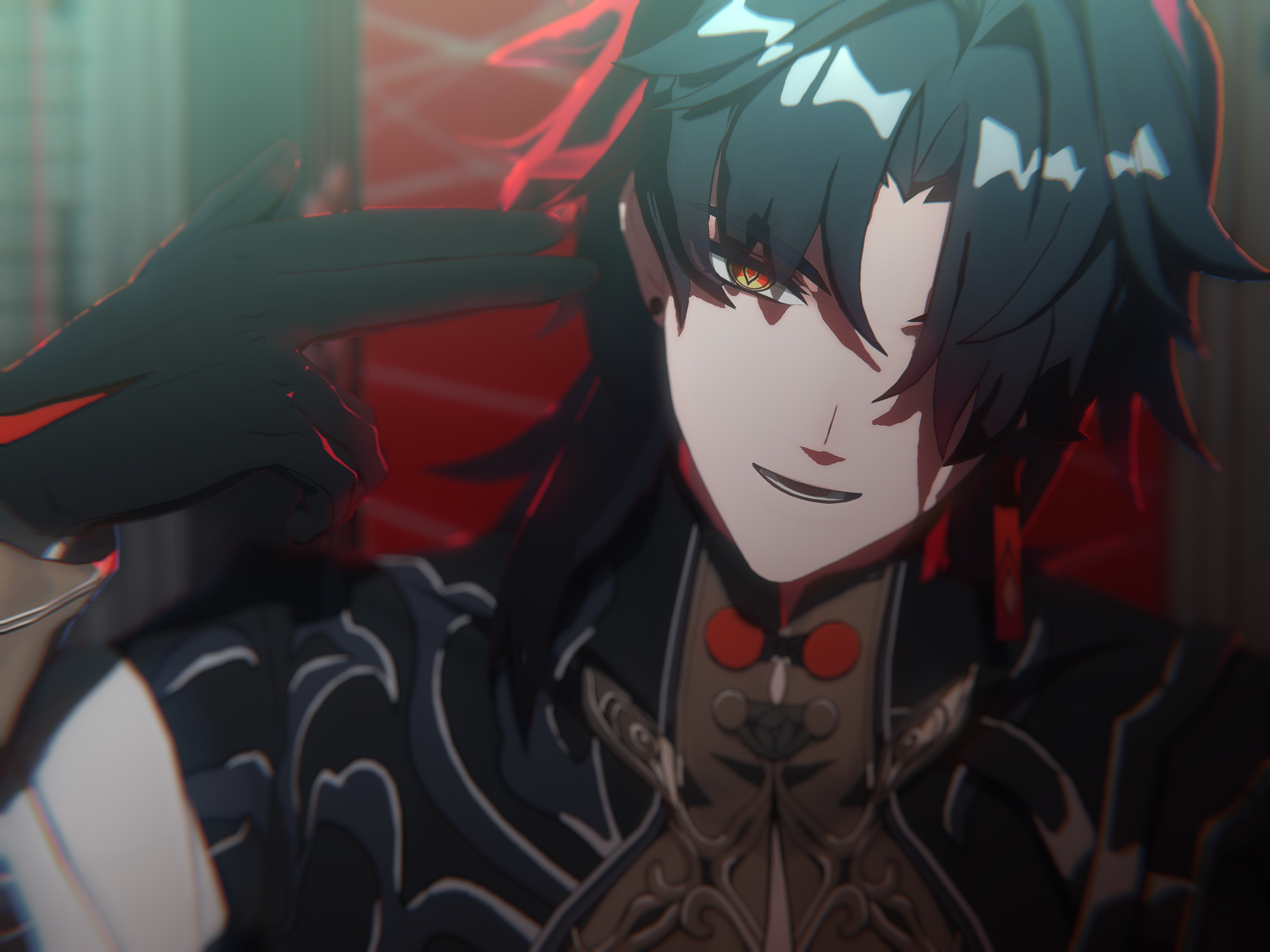 an anime character with black hair and red eyes is smiling with a smirk, and pointing a gun with their index and middle finger at the viewer. they are wearing a black and red outfit. the background is dark and blurry.