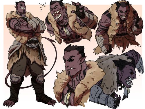 the image features a fantasy character, likely a demon or a warrior. they are depicted in multiple poses and expressions, showcasing their ferocious nature and muscular build. the character wears fur and leather armor, hinting at a tribal or barbaric background. their prominent horns, sharp teeth, and fierce expressions contribute to a menacing and intimidating appearance. the overall design suggests a powerful and aggressive being, ready for battle or combat.