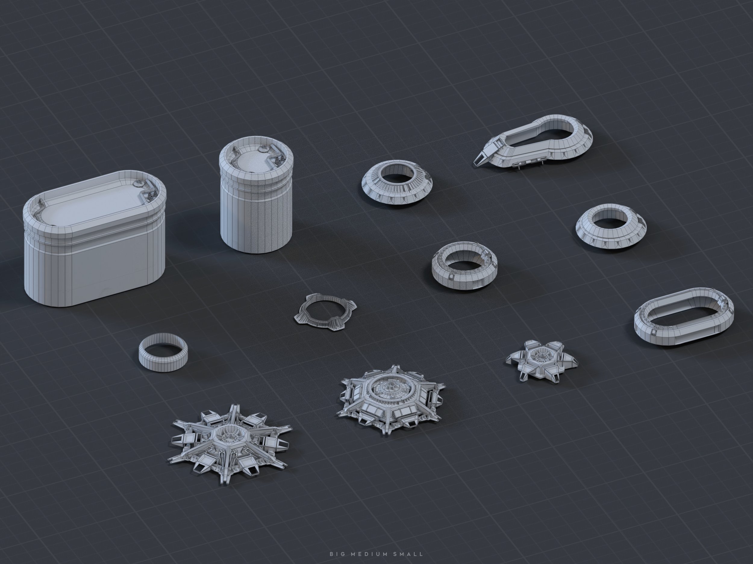 the image displays a collection of various 3dmodeled mechanical parts or components rendered in a wireframe style against a dark grey background. the parts vary in size and shape, suggesting they might be assets for a video game or a technical illustration.  some are cylindrical, some circular, and others have more complex shapes. the sizes are indicated as "big medium small" in the bottomright corner, although the exact size and scale aren't explicitly provided. the overall style is futuristic and technological, with a clean, isometric presentation.