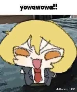 an image with a cartoonish depiction of the character yowane haku wearing a suit and tie, with the text "yoyowowa!!" written above. the image has a memelike aesthetic.