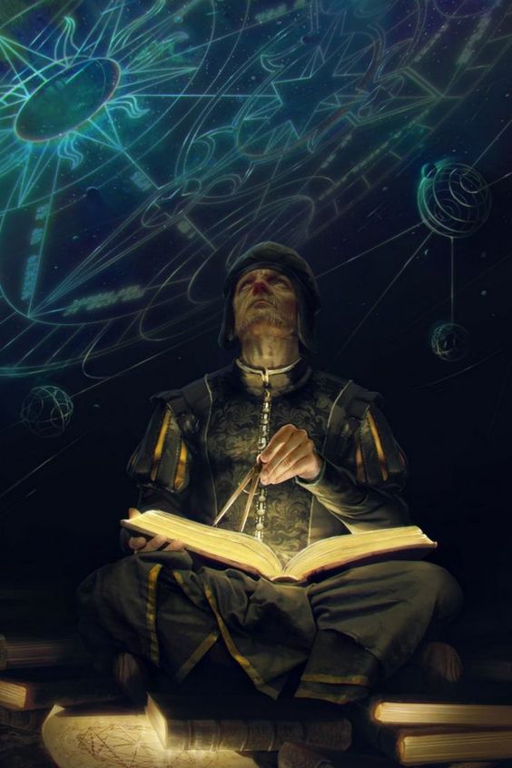 an old man dressed in a long robe sits on a pile of books, holding a compass and a book. he's looking up at a large celestial map illuminated above him. there are stars and planets illustrated on the map.