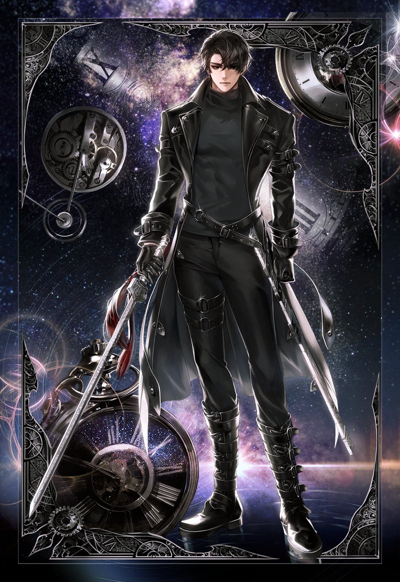 this digital art depicts a young anime man in a black outfit and boots, holding a sword. he looks determined and focused, as if ready for battle. behind him, a starry background swirls around intricate clockwork pieces, symbolizing time, power, and perhaps the passage of time itself.