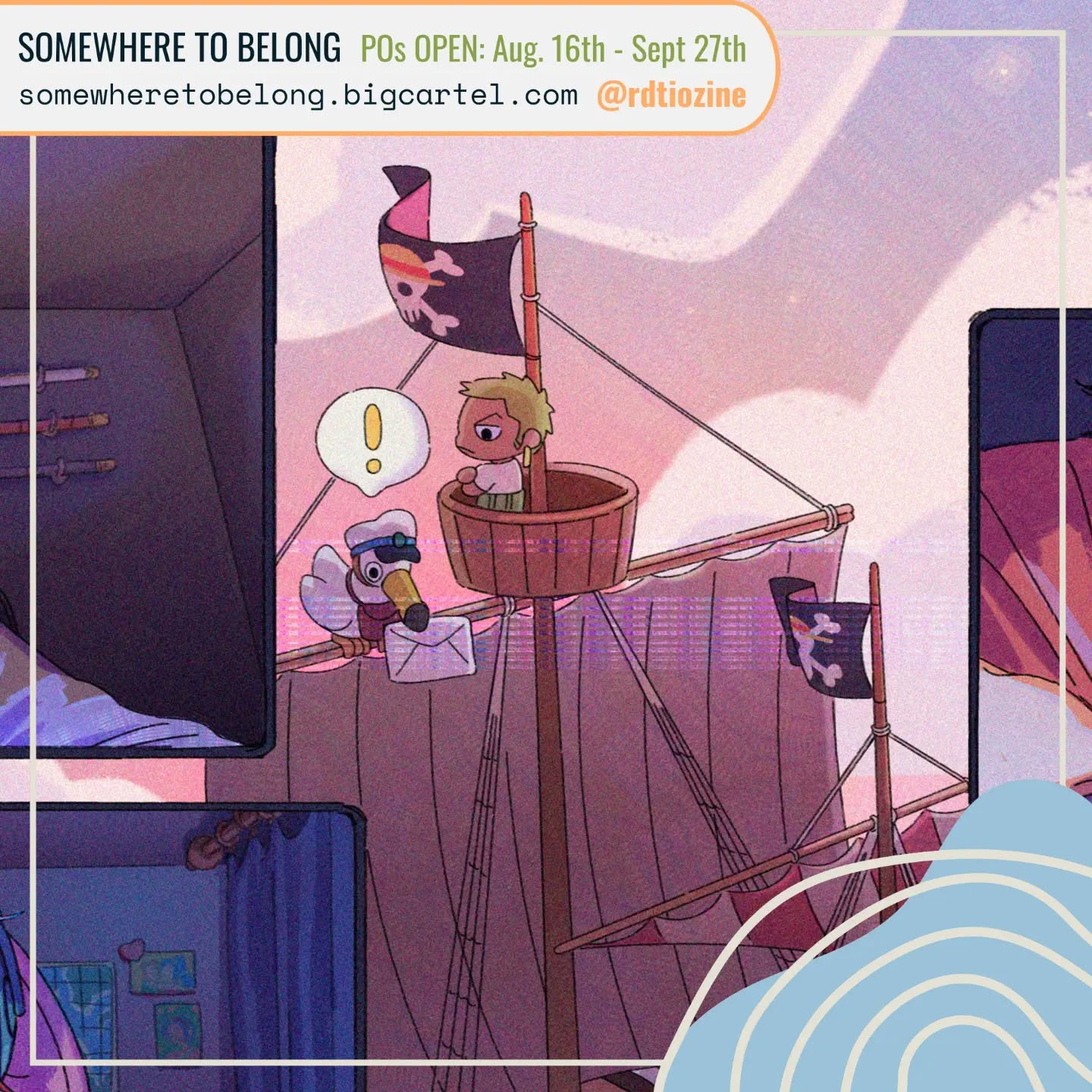 the image is a piece of digital fanart featuring chibi versions of sanji and chopper from the anime one piece.  sanji is perched in the crow's nest of a ship that looks like the going merry, while chopper, dressed as a postman, delivers a letter to him. the style is cute and cartoonish. the background includes glimpses of a bedroom and other scenes, creating a collagelike effect.  there's text at the top advertising a point of sale (pos) opening for a shop called "somewhere to belong" on big cartel, run by the artist @rdtiozine,  with dates specified. the overall aesthetic is soft and pastelcolored.
