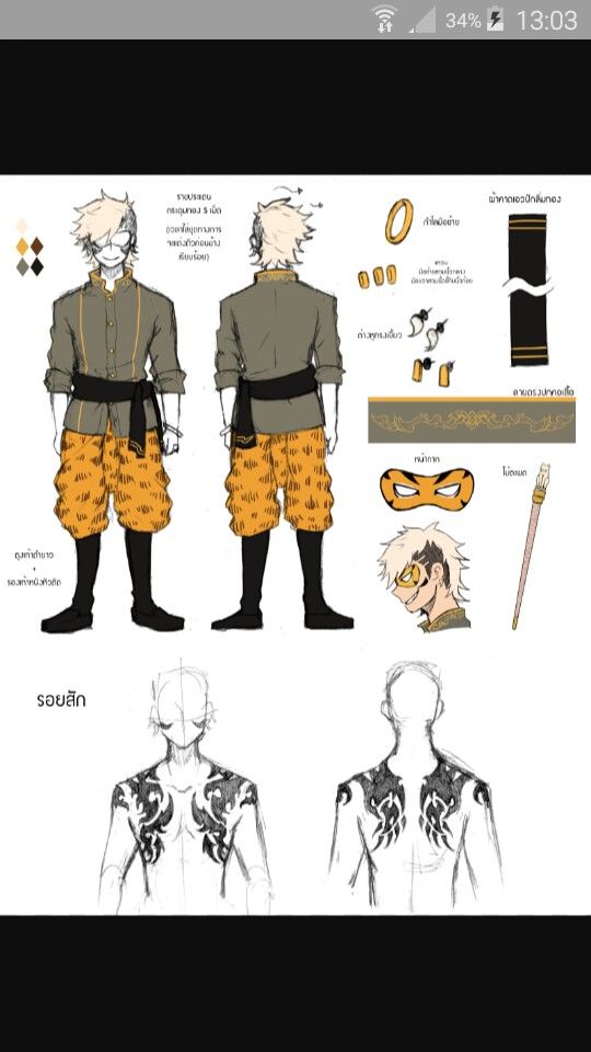 the image is a digital illustration of a character design for a male anime character. the design includes a full body illustration of the character, featuring a variety of clothing options, accessories, and weapons. the character is depicted with a mask, a weapon, and a variety of clothing options. the design also includes a closeup of the character's tattoo. the design is created in a digital illustration style.