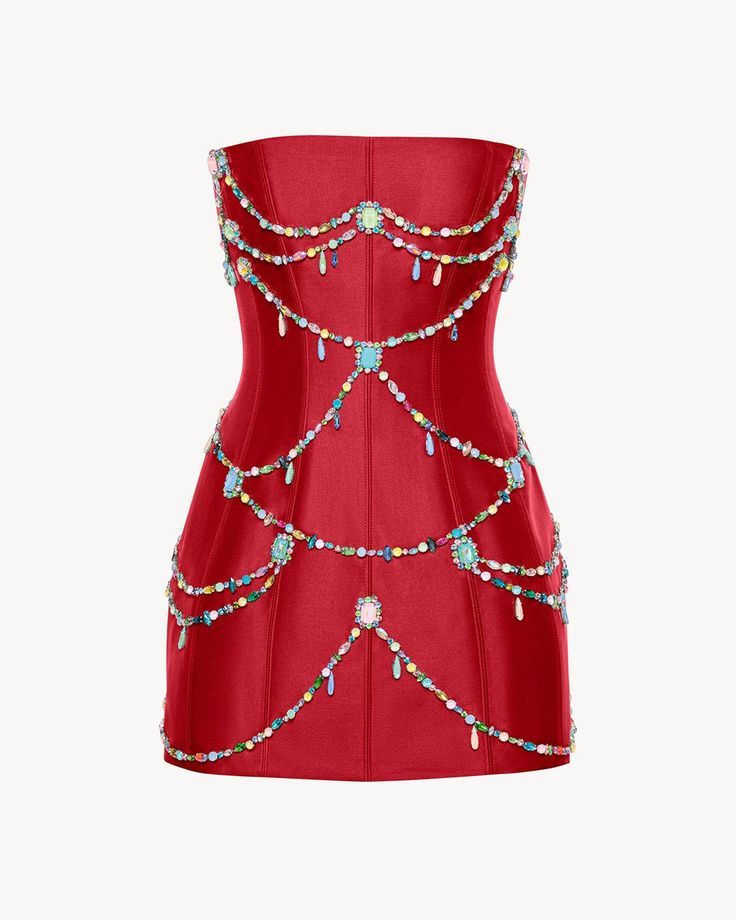 a red strapless mini dress decorated with multiple strands of colorful beads and jewel embellishments. the dress has a corsetlike structure and a clean, modern design.