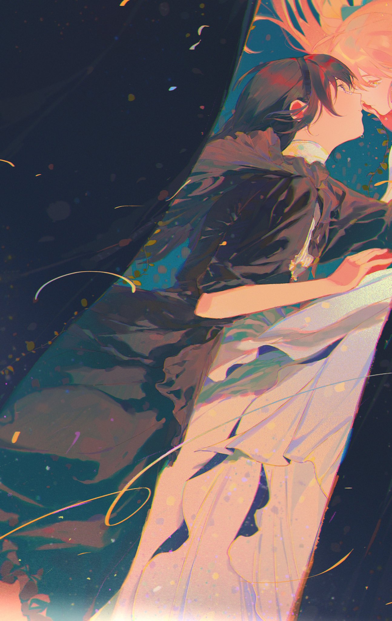 an anime illustration of a couple embracing and holding each other in a passionate embrace,  the blonde girl is in a white dress with a pink tinge and the girl with black hair is wearing a black longsleeve shirt. the two girls are holding each other tightly and look as if they are about to kiss, the girl with the black hair has a closed eye and blush. the background is a dark blue and purple starry night with hints of orange and yellow.  the image is a beautiful and romantic depiction of love and affection.