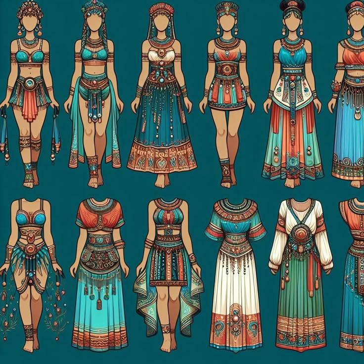 the image depicts a set of illustrations of women adorned in various ancient or tribalinspired clothing. the clothing features a mix of colors like turquoise, red, orange, and white, and the designs incorporate decorative patterns and motifs. they are adorned with jewelry, headdresses, and bracelets. the style evokes elements of egyptian, bohemian, and ethnic fashion with a touch of fantasy.