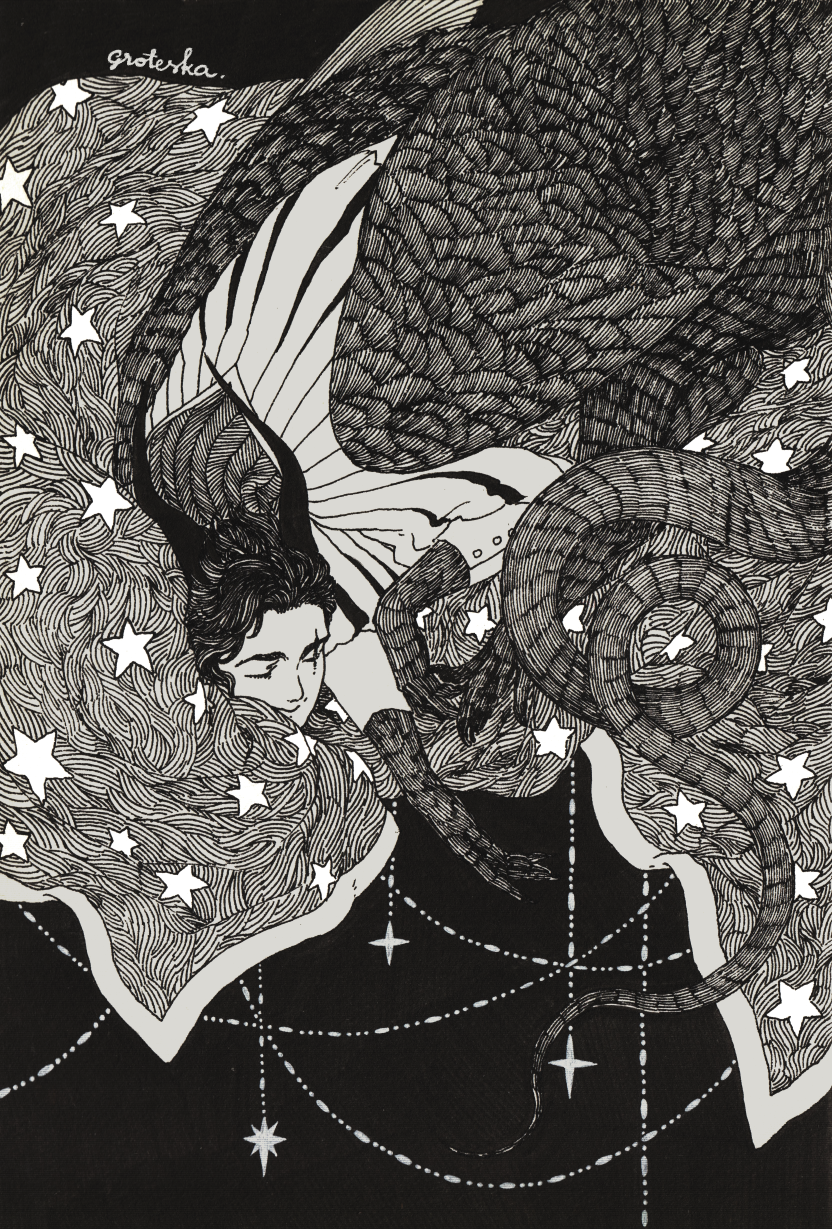 a black and white illustration of an angel sleeping, partially enveloped by large, textured wings. the angel's form, along with a coiling dragon, appears to rest upon a blanket adorned with stars. the background is dark, suggesting a night sky, and features hanging strings of beads interspersed with crosses and more stars. the overall aesthetic is ethereal and dreamlike.