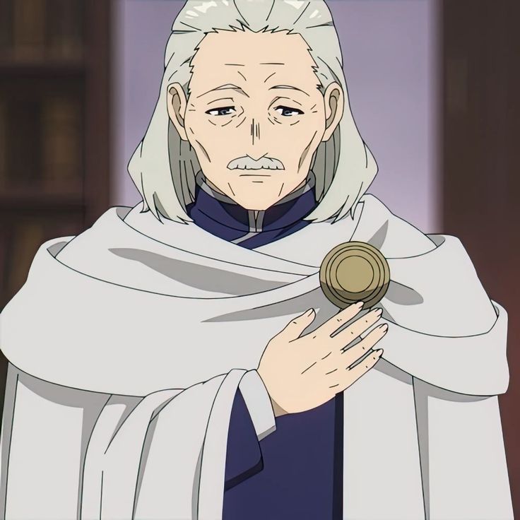 an elderly man with long white hair and a mustache is depicted in the image. he has a serious expression on his face and is wearing a white cloak over a blue robe. he's also wearing a medallion with a gold rim. the setting appears to be indoors with soft lighting.