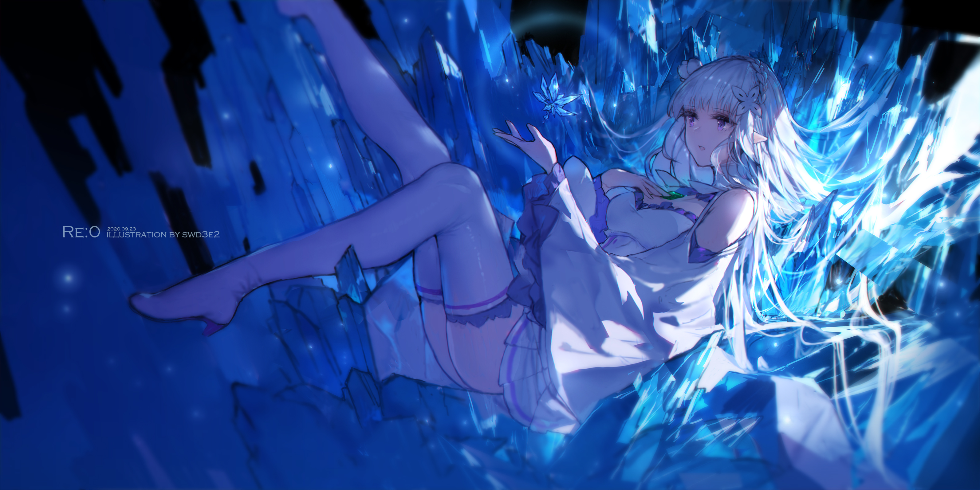he image is a digital illustration of rem from the anime series re:zero.  she is depicted with her signature long, white hair and purple eyes. she is sitting amidst a large formation of glittering blue crystals, which appear icy or magical.  she is wearing a flowing white dress with purple accents and thighhigh stockings.  one hand gently holds a small blue flower. the style is soft and ethereal, focusing on atmospheric lighting and detail in the character's expression and flowing hair. the overall mood is serene and enchanting. the artist's signature is visible in the bottomleft corner.