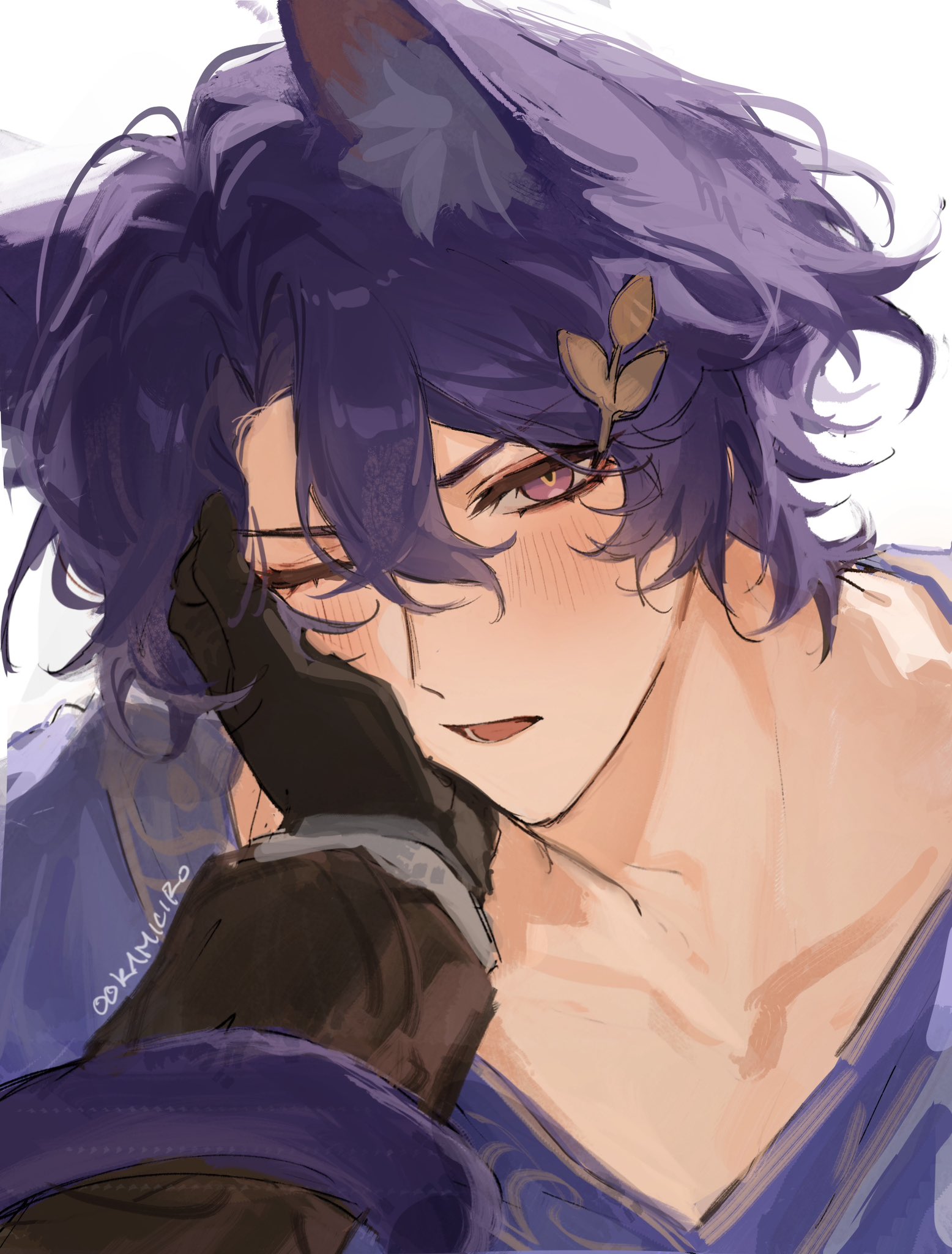 an anime boy with purple hair and cat ears is blushing as a gloved hand touches his cheek. he has purple eyes and is wearing a blue kimono. a sprig of leaves is tucked into his hair.