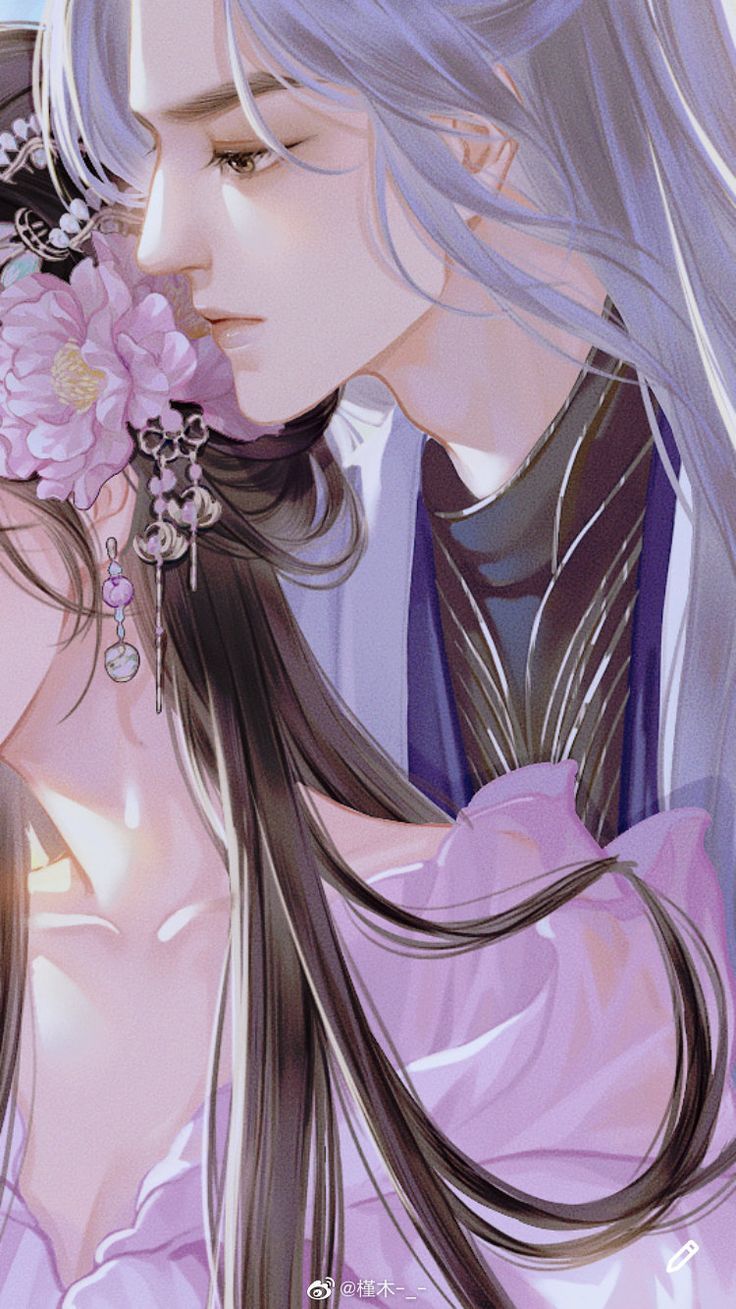 illustration of a man with gray hair looking down at a woman with dark hair who is wearing a flower hair ornament and traditional clothing.