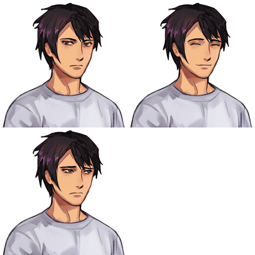 the image shows a sprite sheet of a young male anime character. the character has dark hair and light skin and is wearing a light gray tshirt. the sheet shows four different expressions of the character: a neutral expression, a happy/smiling expression with one eye closed, and two variations of a sad/serious expression.  the background is black, typical for a sprite sheet used in game development. the art style is soft and slightly painterly, characteristic of digital illustration used in visual novels or similar interactive media.