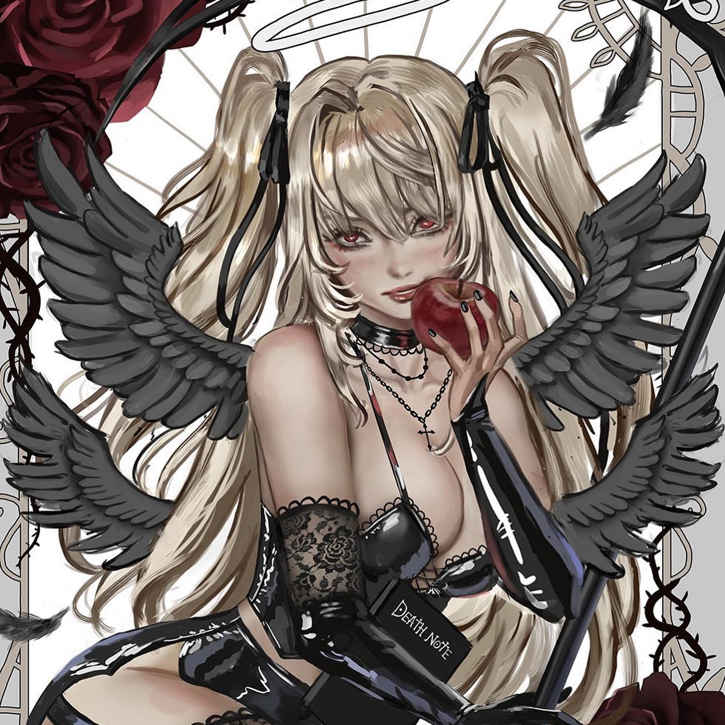 the image is a digital illustration of an animestyle female character. she possesses both angelic and demonic attributes: she has large black wings and a halo, yet she also exudes a dark, seductive aesthetic. she has long blonde hair styled in pigtails, is wearing a dark, gothicstyle outfit (a black leather corset and lace gloves), and holds a red apple. her expression is alluring and slightly mischievous. the background is stylized with dark roses and ornate details, enhancing the overall dark fantasy vibe.  a "death note" book is subtly visible in her hand, hinting at a possible thematic connection.  the overall style suggests a blend of dark fantasy and gothic anime aesthetics.