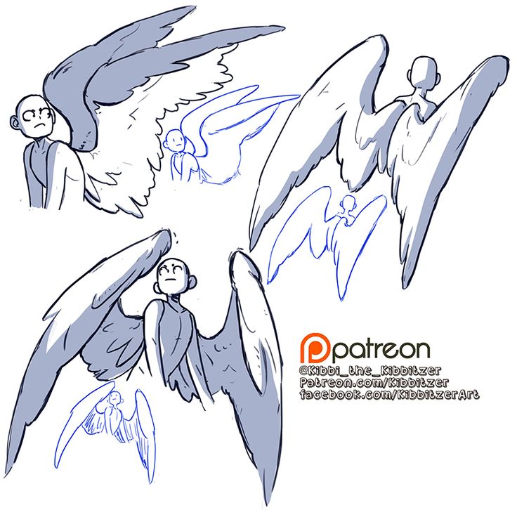 this image is a drawing tutorial on how to draw angel wings. there are four different poses of angel wings, along with the outline of the human body. the artist also included their social media information in the bottom right of the drawing.
