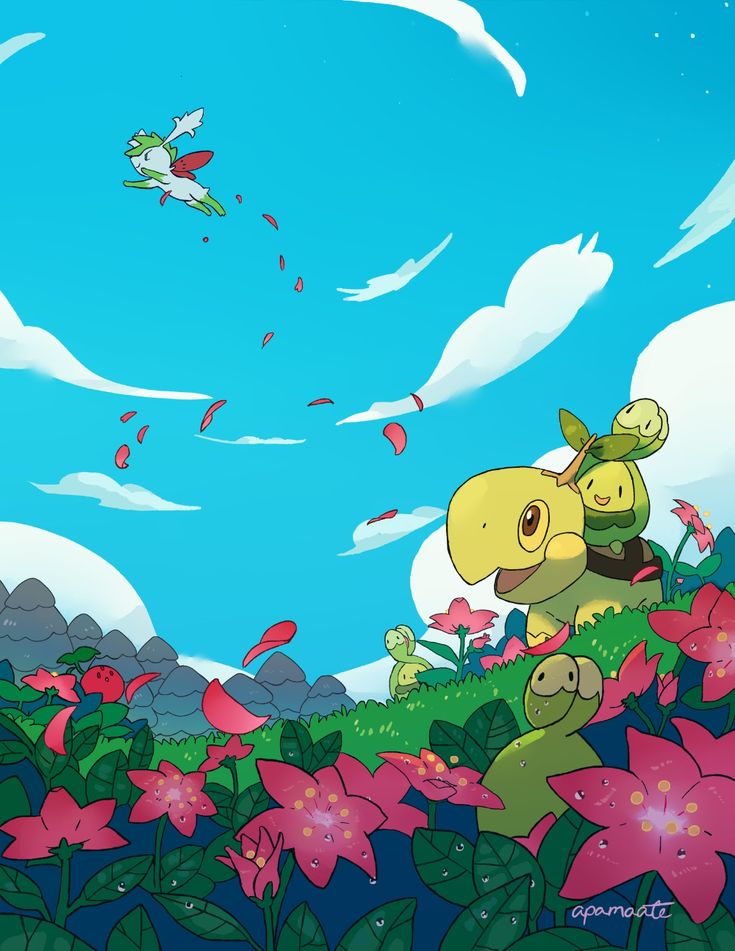 the image is a vibrant digital illustration featuring several pokemon in a whimsical, idyllic setting.  a torterra, with a grotle perched on its back, and a smaller grotle are prominent in the foreground.  a turtwig is flying in the background, leaving a trail of pink petals. the pokemon are situated amidst a field of large, pink flowers with dewy leaves, all set against a backdrop of a bright blue sky with fluffy white clouds and distant, muted grey hills. the overall style is cute and peaceful, evoking a sense of journey and friendship. the art style is smooth and slightly cartoonish with soft lines and vibrant colors. the artist's signature "apamoate" is visible in the bottom right corner.