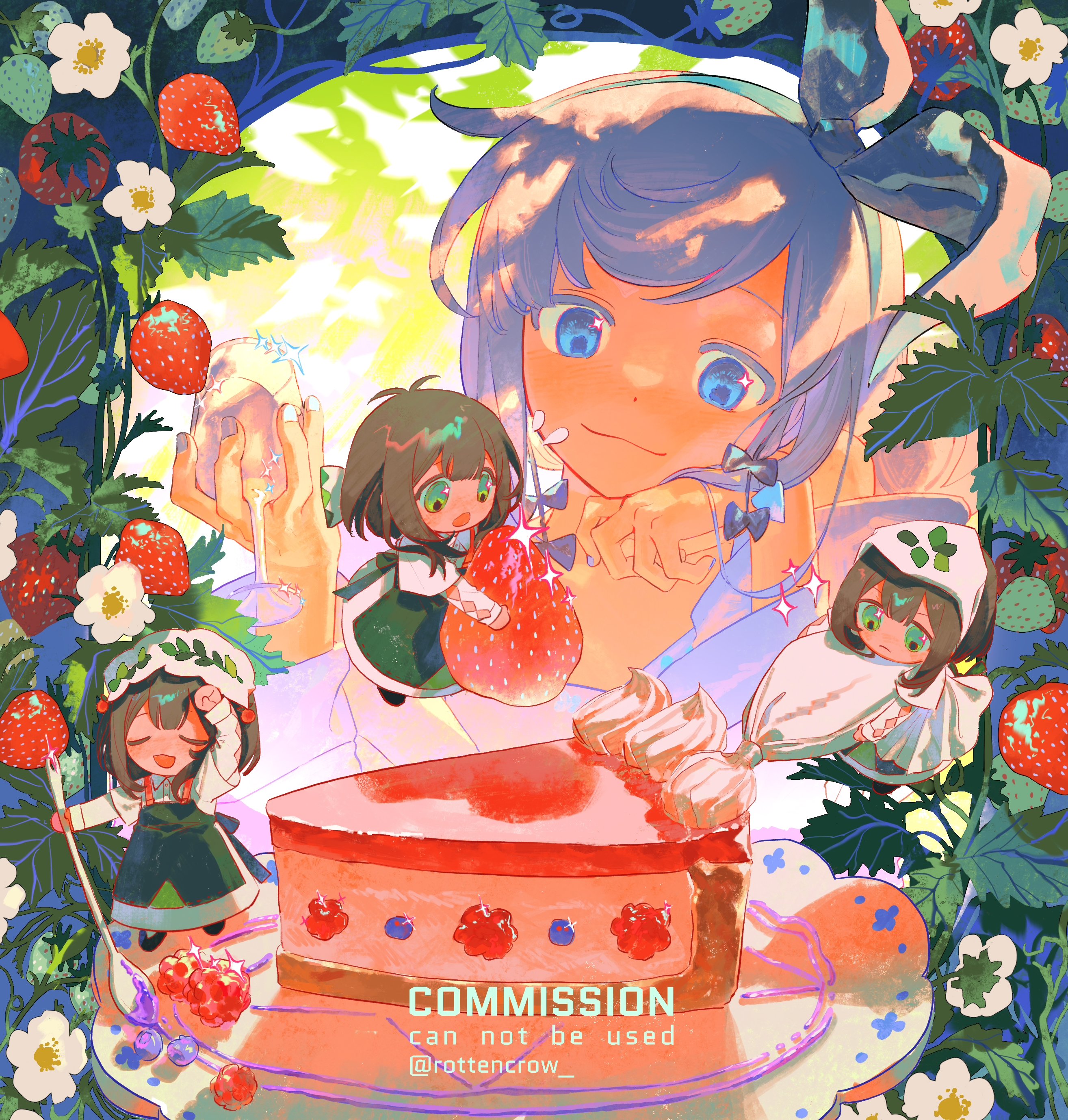 an anime illustration of a girl with blue hair in a blue dress and a big white bow in her hair, holding a glass of wine and a strawberry. to her right is a smaller girl in a green dress holding a strawberry, and to her left is a girl in a white dress with a shamrock on her hat. all three girls are surrounded by strawberries and a strawberry cake with whipped cream. the image is colorful and whimsical.