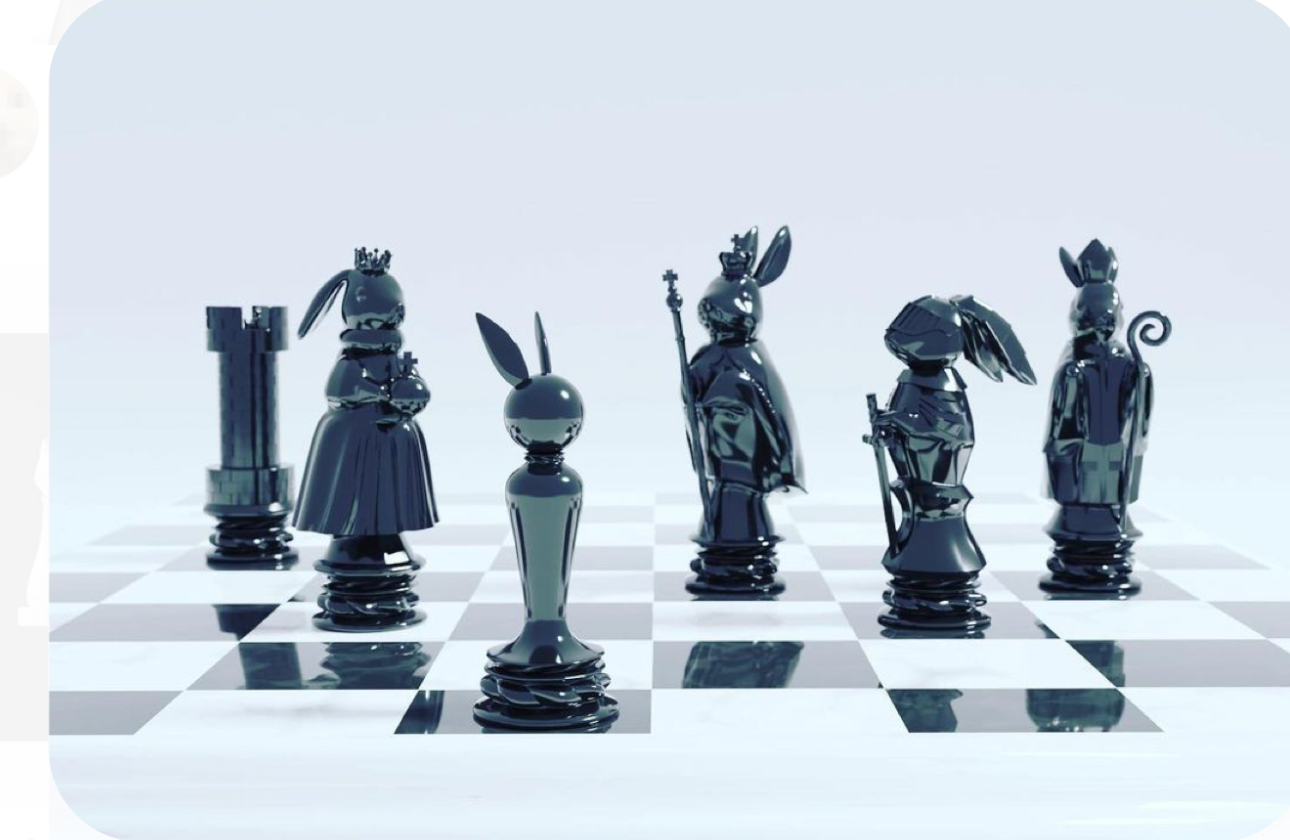 the image showcases a captivating 3d rendering of a chess set featuring anthropomorphic rabbit characters. the set, cast in sleek, dark metallic hues, stands poised on a classic black and white checkered board. the scene is illuminated by soft, artificial lighting against a pristine white backdrop. each piece is intricately designed with rabbit ears and unique attire, lending a whimsical, fantasyinspired aesthetic. from left to right, the pieces appear to be: a rook, queen, pawn, king, knight, and another king. the perspective is at eye level, offering a clear and engaging view of this unusual and visually striking chess set.
