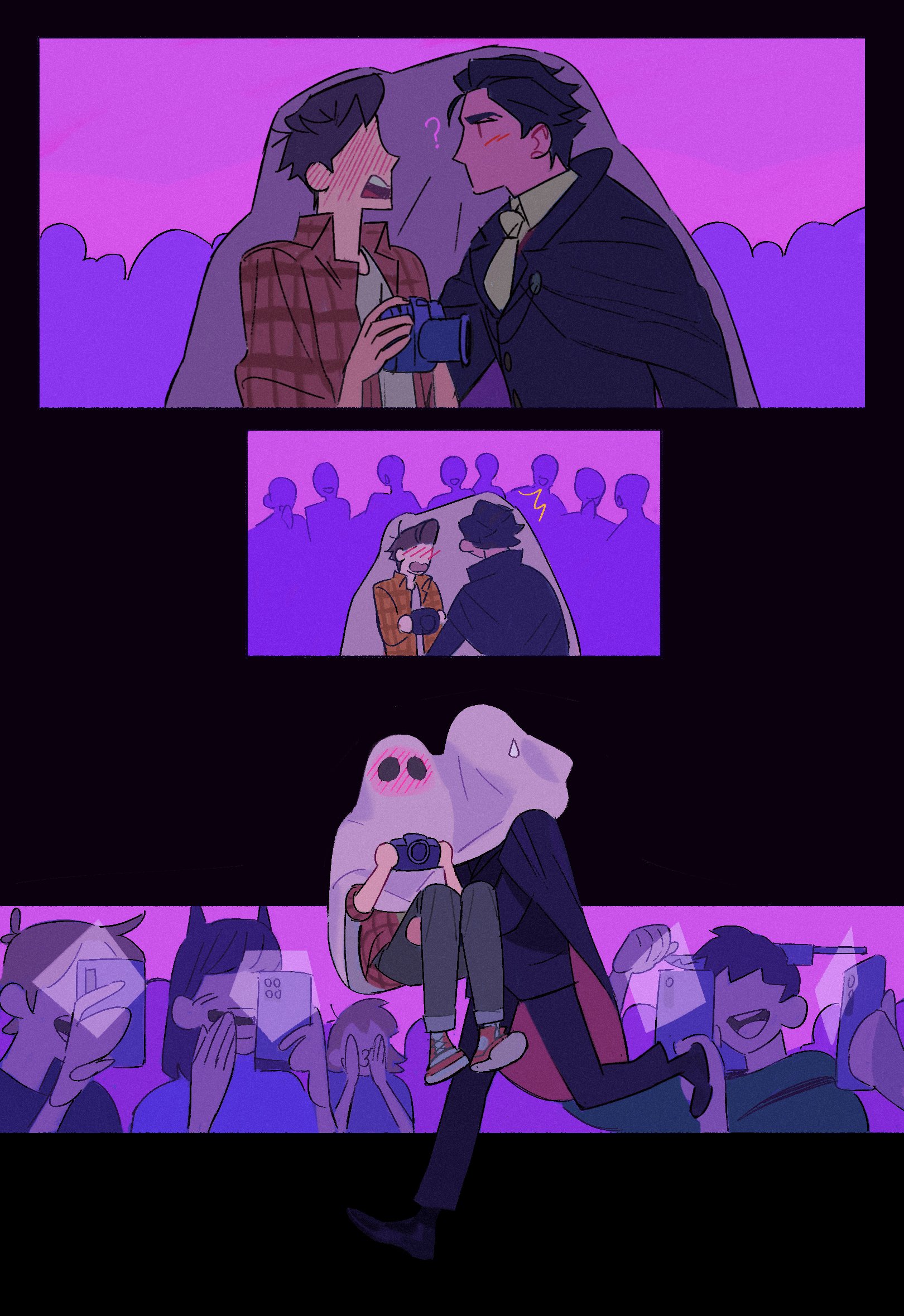 this comic strip shows a cartoon couple, a ghost and a man, in various scenes. it's a spooky and fun scene, with the ghost playfully holding the man. the colors are purple and white, and the style is cartoonish, reminiscent of anime and manga. the man is blushing, which makes the scene seem very cute.  there is a crowd of people watching the couple in the second panel. there are also some other people in the last panel, all looking at the ghost and man with an expression of wonder.  the overall impression of the comic is happy and sweet, with a touch of spooky fun.