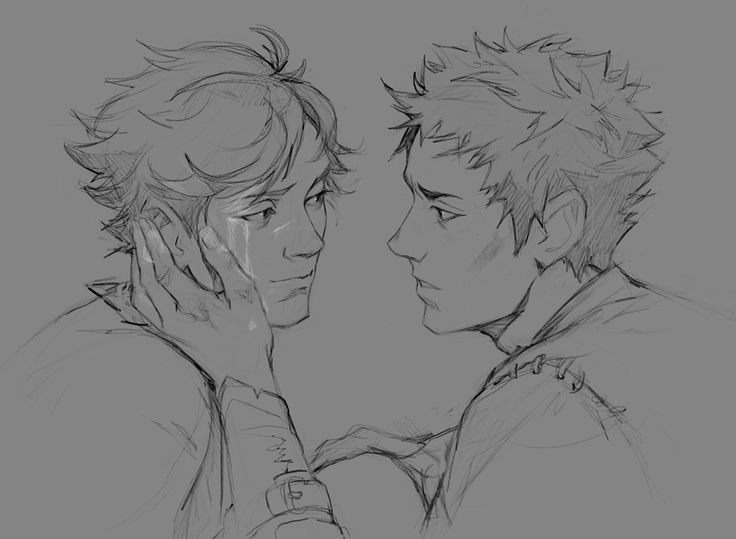a pencil sketch of two young men in profile view, facing each other. the figure on the left has a hand on their face and a tear running down their cheek, conveying sadness or emotion. the figure on the right looks concerned, possibly attempting to comfort the other. the drawing style is loose with visible sketch lines.