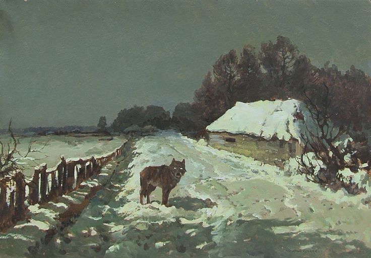 the painting depicts a snowy winter scene at twilight. a lone wolf stands in the foreground on a snowcovered road near a snowcovered hut. a fence runs along the left side of the road. the background features a flat field and a line of dark trees. the overall atmosphere is serene and somewhat melancholic. the style of the painting appears to be impressionistic or realist, with visible brushstrokes and a focus on capturing the mood and atmosphere rather than precise detail. the colors are muted, mainly greens and browns, reflecting the subdued light of the late afternoon or early evening.