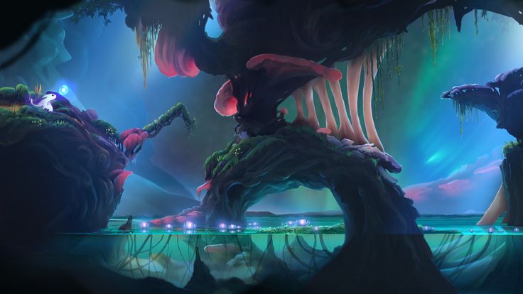 a fantasy landscape from the video game ori and the blind forest is shown. the scene is dominated by large, fantastical plants and geological formations in blues, greens, and pinks. a small, white, spiritlike creature with a glowing orb is perched on a mossy outcrop to the left. the foreground features a subterranean water body with glowing plants. large, treelike structures with pink fungi extend above, creating a cavelike atmosphere. the background is a blurry blend of blues and pinks, suggesting a fantastical sky. the overall impression is magical and otherworldly.