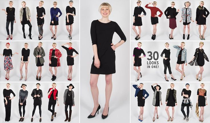 the image displays a collage of a woman modeling various outfits centered around a black dress. in the central image, she stands wearing a kneelength black dress with threequarter sleeves and black heels. surrounding this main image are numerous smaller images showcasing the same woman wearing the dress in different styles, achieved by layering various jackets, sweaters, and skirts; accessorizing with belts, hats, and scarves; and pairing with different shoes like heels, sneakers, and boots. the collage emphasizes the dress's versatility and the numerous outfit combinations possible, with text stating "30 looks in one!" highlighting the concept.