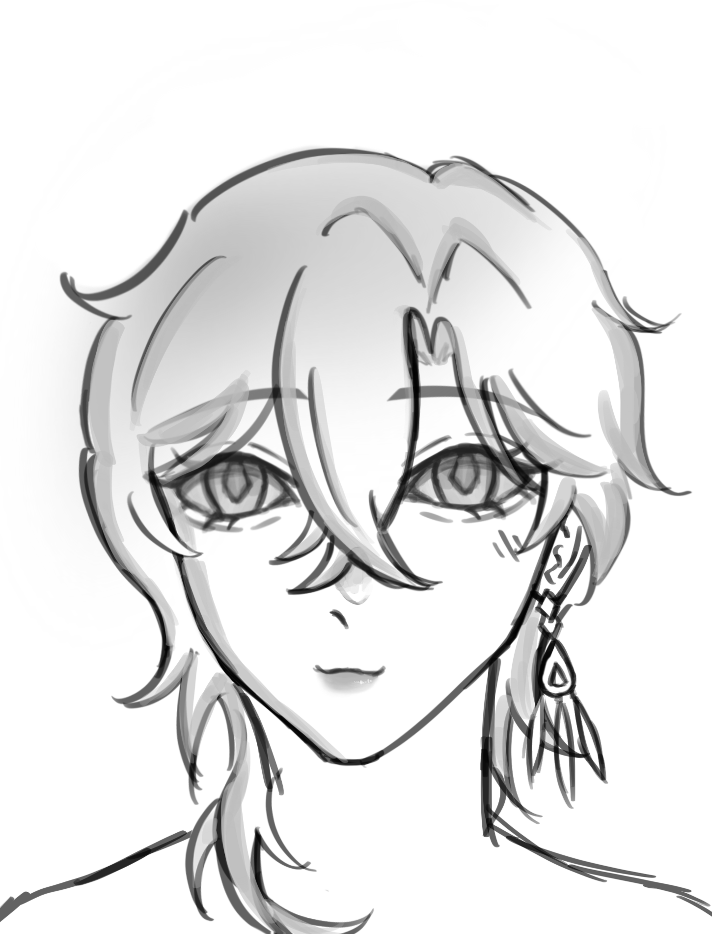 a black and white line drawing of a man's head and shoulders. he has short, slightly wavy hair that frames his face. he has large, expressive eyes, a small nose, and a slight smile. he is wearing an earring in his left ear. the style is similar to anime or manga sketches.