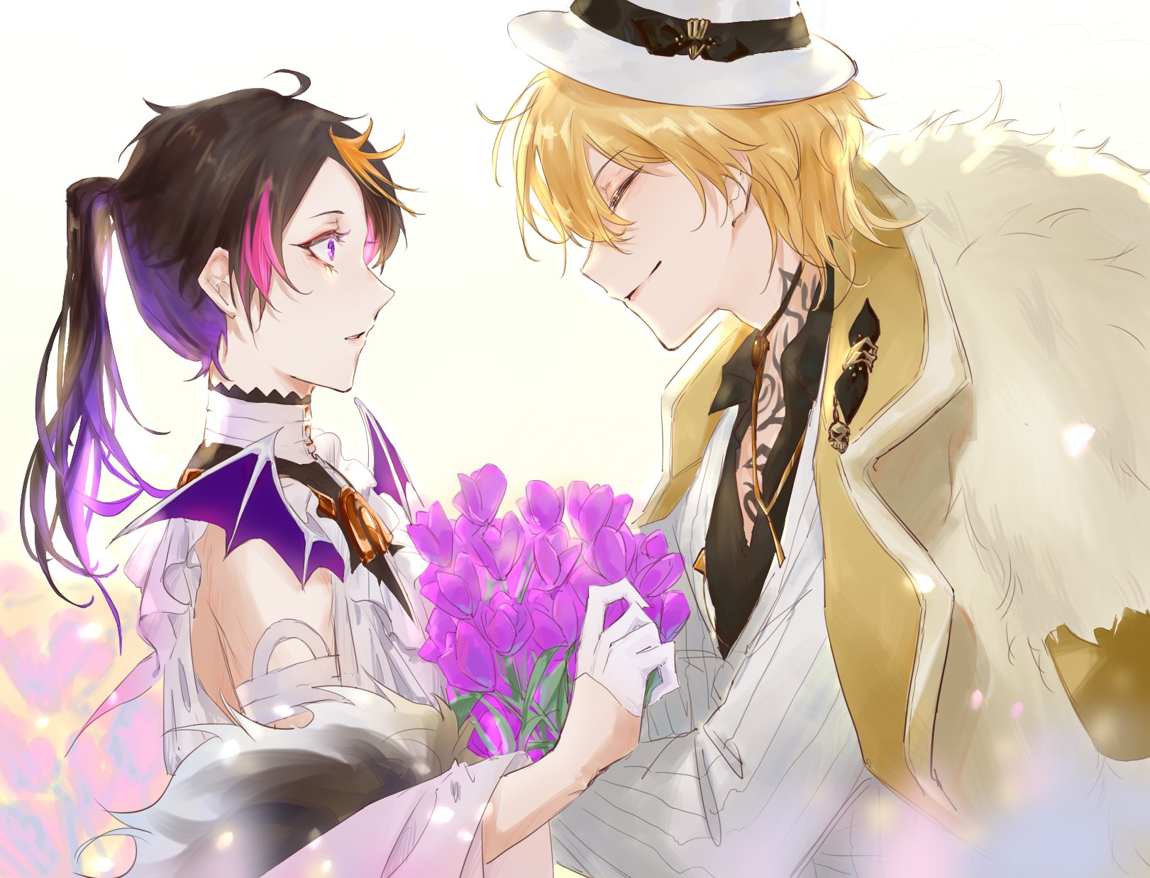 the image features an anime couple. the girl, with long black hair tied in a ponytail, is wearing a white dress with purple and black accents. she is holding a bouquet of purple flowers. the boy has blond hair and is wearing a white shirt with a black vest and a yellow coat. he is holding a bouquet of purple flowers and smiling at the girl. the background is a soft pink and white with sparkles. the image is a sweet and romantic depiction of love.